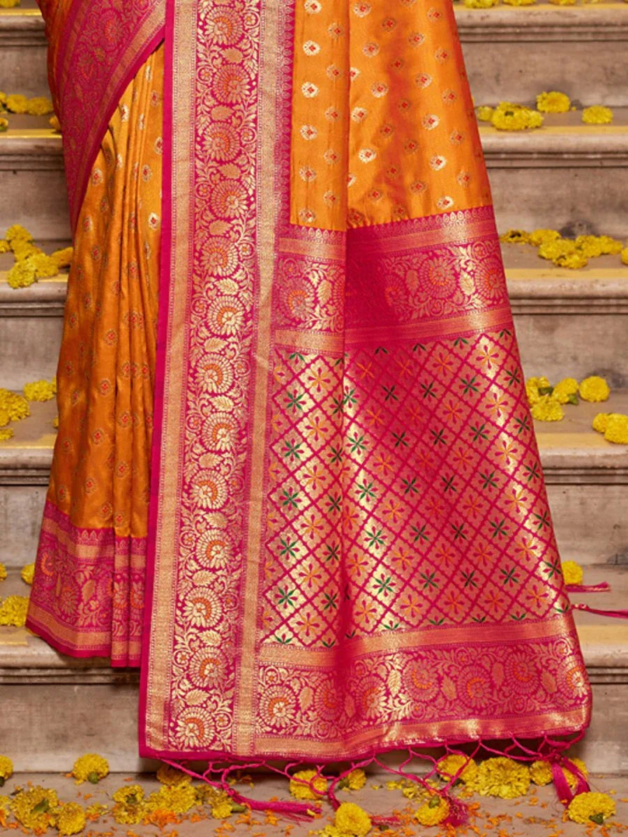 Mustard Banarasi silk Saree With Blouse Piece - EZBER