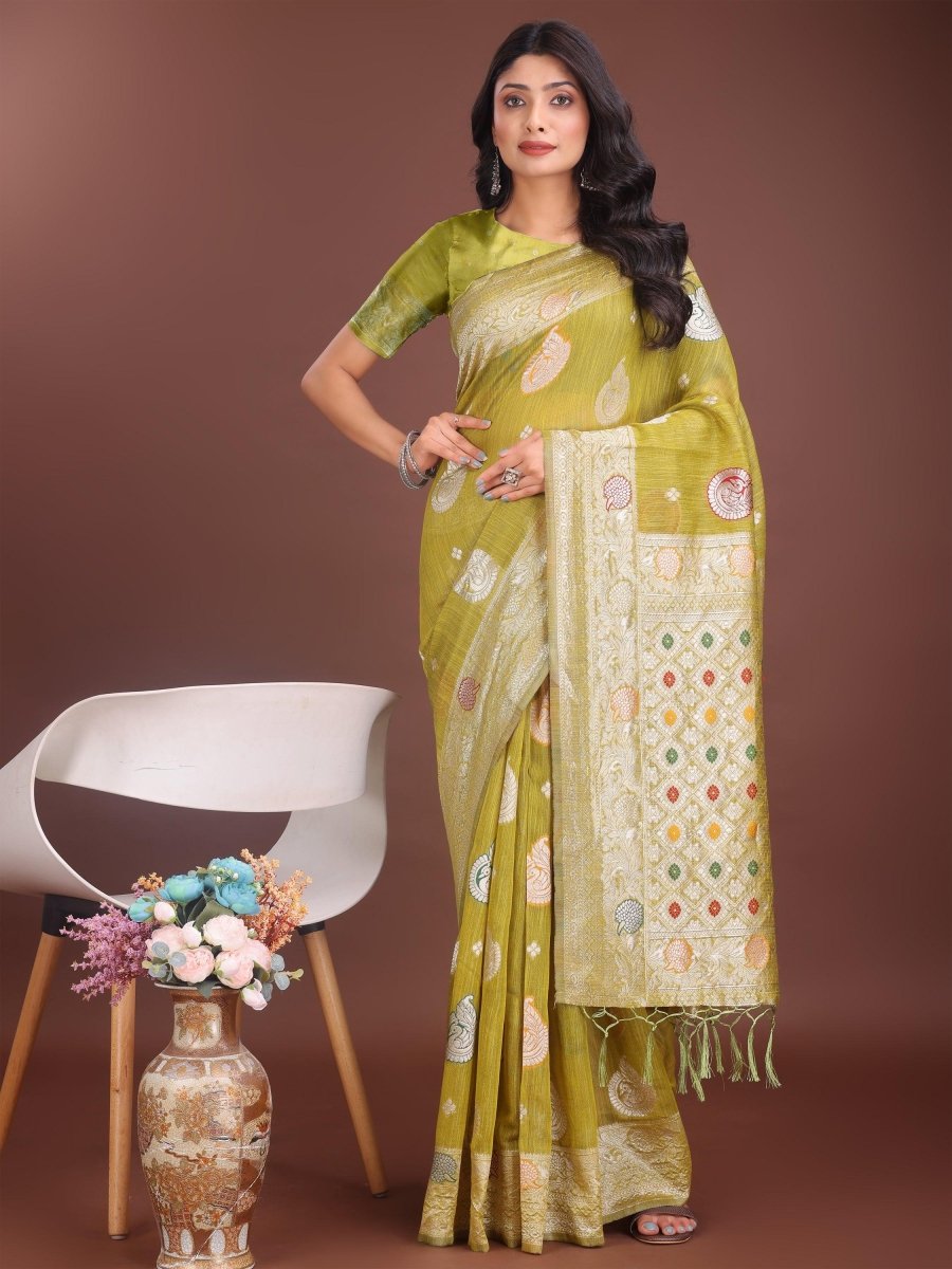 Mustard Linen Cotton Brocade Saree | EZB SI04 ASBUL1001 - EZBER
