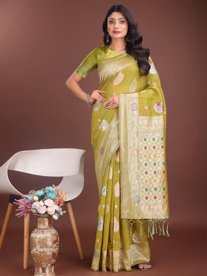 Mustard Linen Cotton Brocade Saree | EZB SI04 ASBUL1001 - EZBER