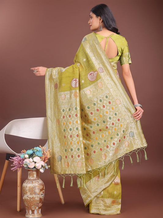 Mustard Linen Cotton Brocade Saree | EZB SI04 ASBUL1001 - EZBER