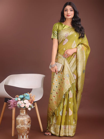 Mustard Linen Cotton Brocade Saree | EZB SI04 ASBUL1001 - EZBER