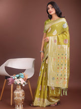 Mustard Linen Cotton Brocade Saree | EZB SI04 ASBUL1001