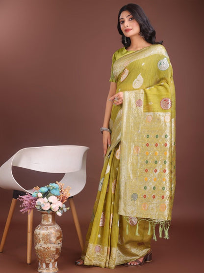 Mustard Linen Cotton Brocade Saree | EZB SI04 ASBUL1001 - EZBER