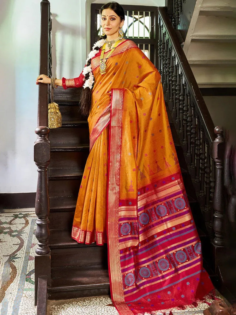 Mustard Raw Silk Festive Wear Saree With Blouse Piece - EZBER