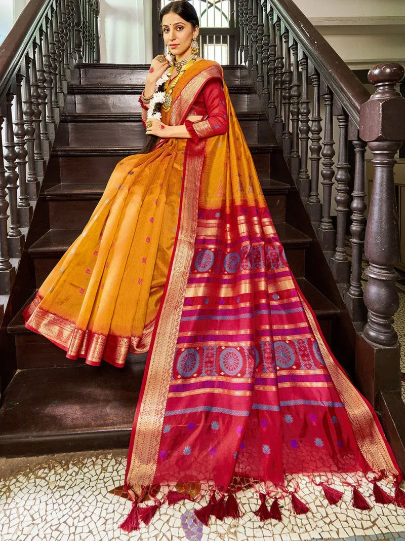 Mustard Raw Silk Festive Wear Saree With Blouse Piece - EZBER