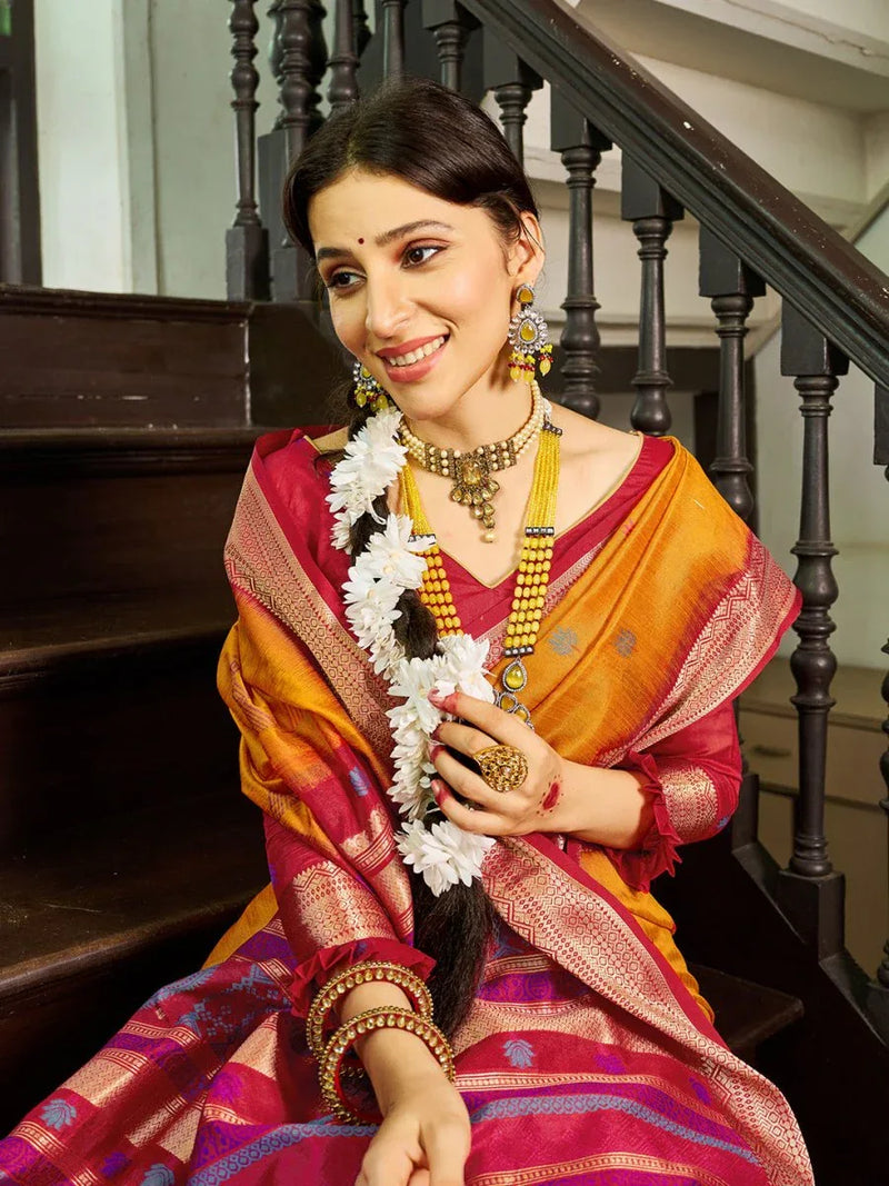 Mustard Raw Silk Festive Wear Saree With Blouse Piece - EZBER
