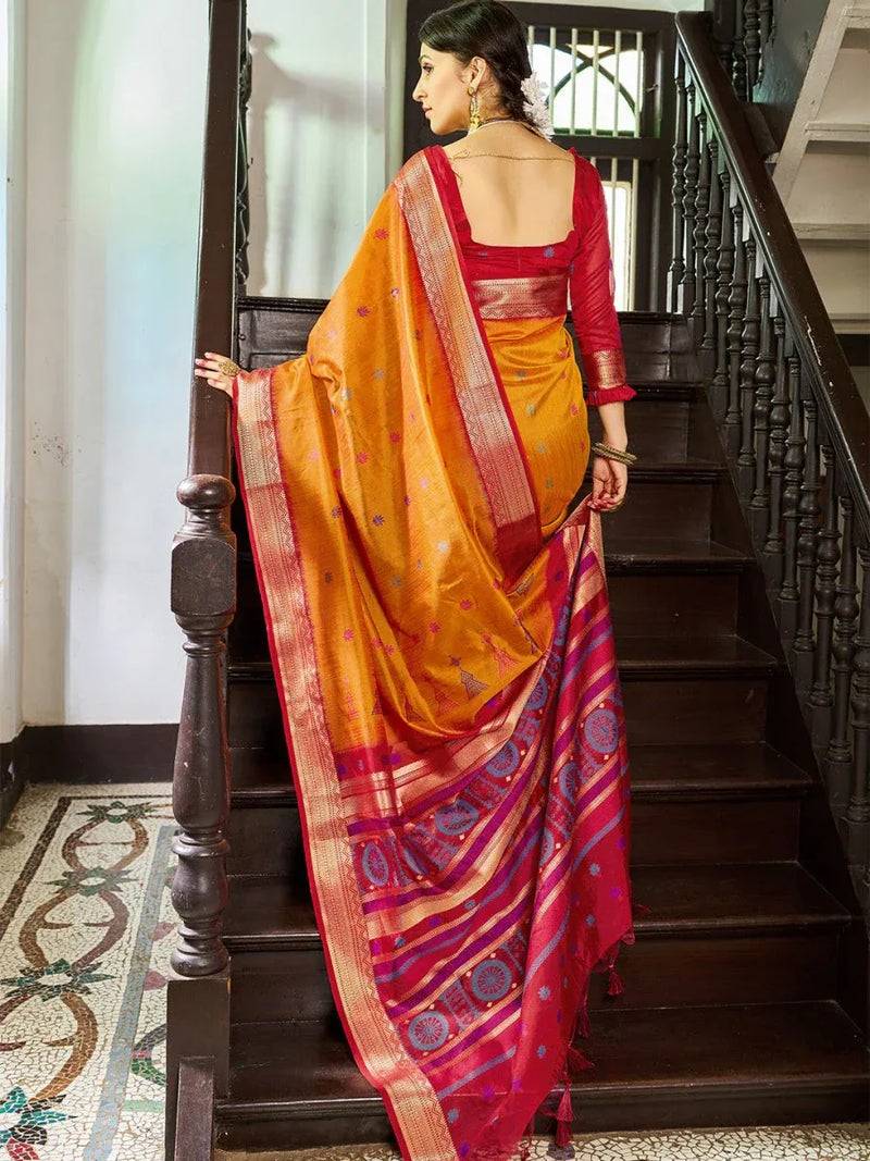 Mustard Raw Silk Festive Wear Saree With Blouse Piece - EZBER