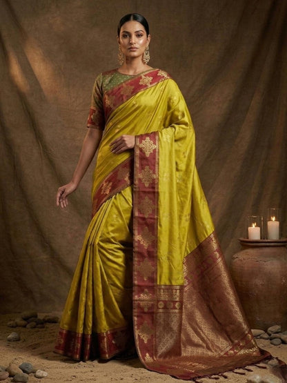 Mustard Silk Blend Handloom Saree | EZB SI04 SUMER1004 - EZBER