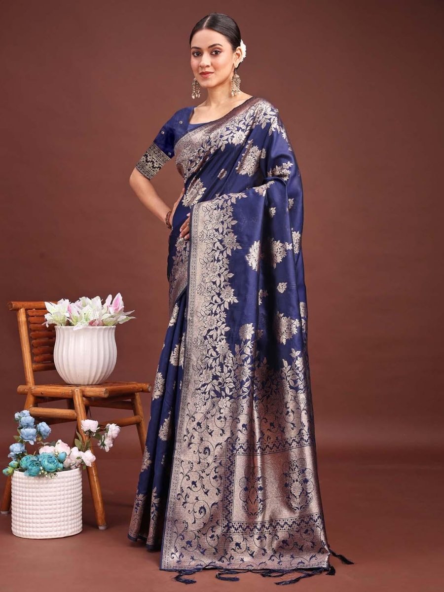 Navy Banarasi Silk Brocade Saree | EZB SI04 ASSIL1005 - EZBER