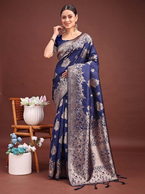 Navy Banarasi Silk Brocade Saree | EZB SI04 ASSIL1005 - EZBER