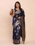 Navy Blue Banarasi silk Saree With Blouse Piece - EZBER