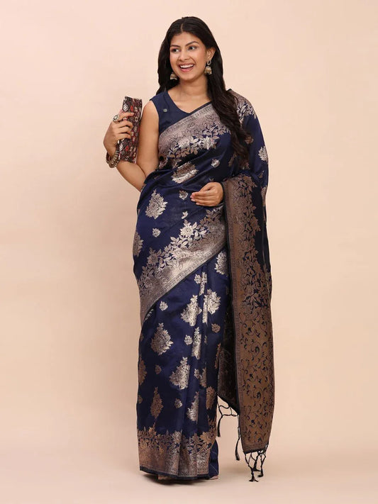Navy Blue Banarasi silk Saree With Blouse Piece - EZBER