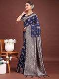 Navy Blue Banarasi Silk Saree With Blouse Piece - EZBER