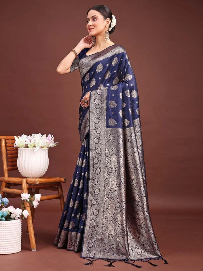 Navy Blue Banarasi Silk Saree With Blouse Piece - EZBER