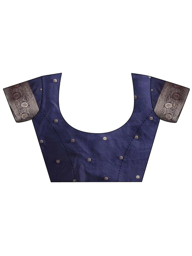 Navy Blue Banarasi Silk Saree With Blouse Piece - EZBER