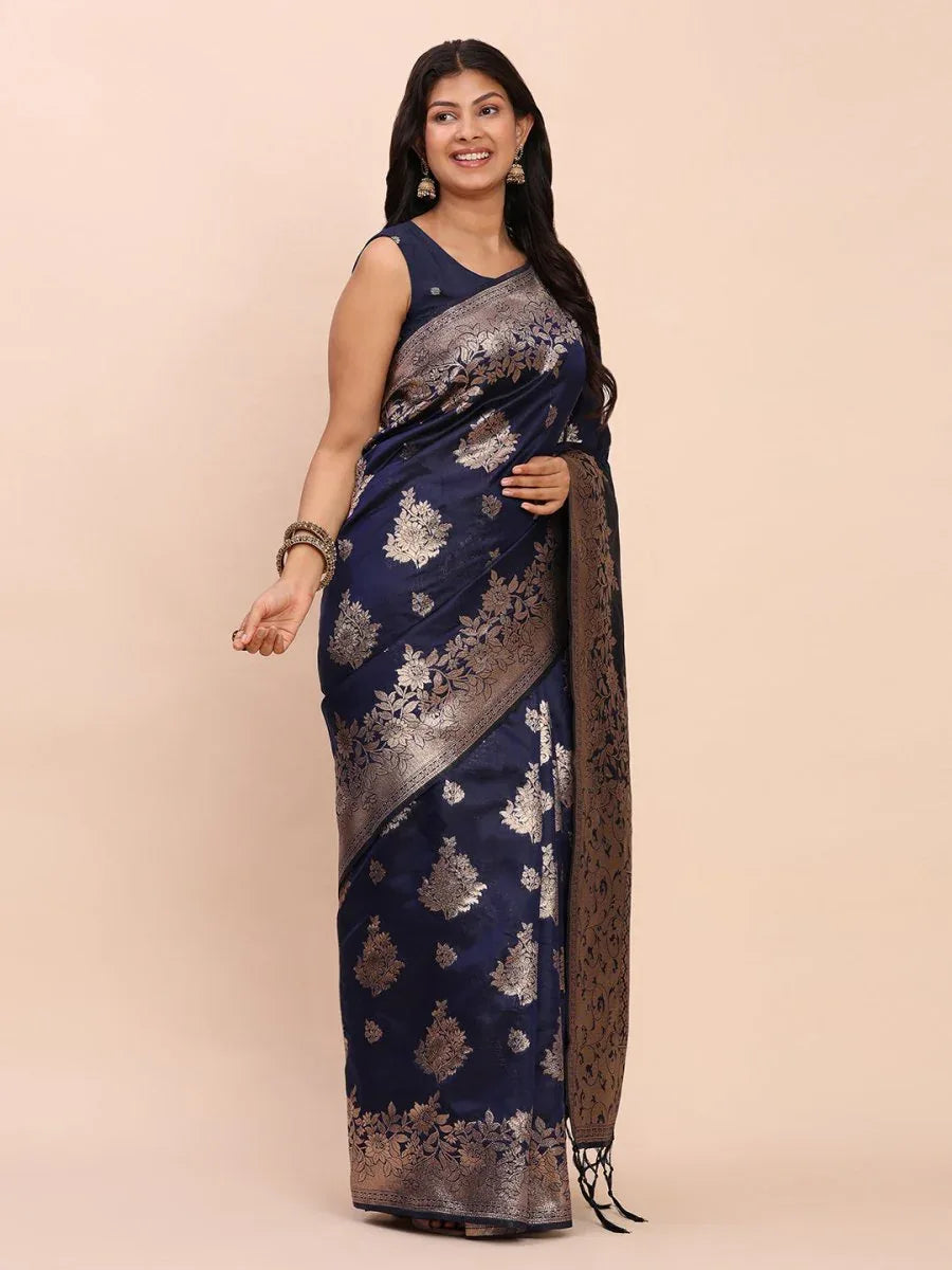 Navy Blue Banarasi silk Saree With Blouse Piece - EZBER