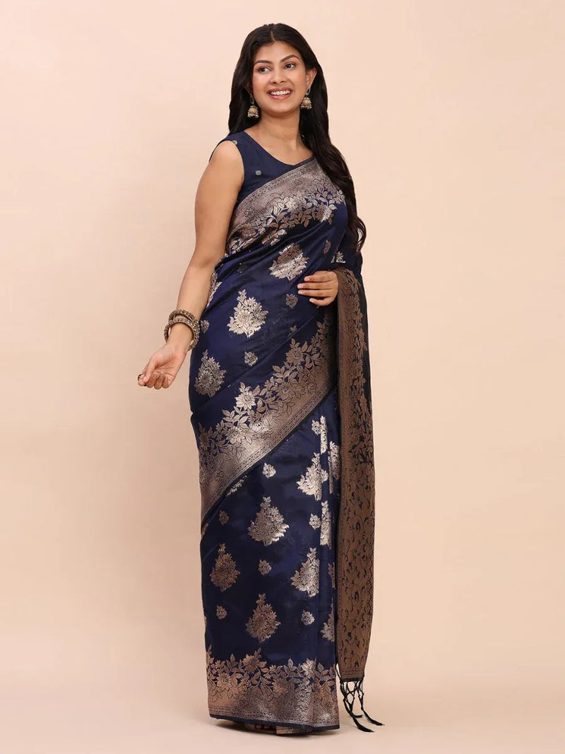 Navy Blue Banarasi silk Saree With Blouse Piece - EZBER