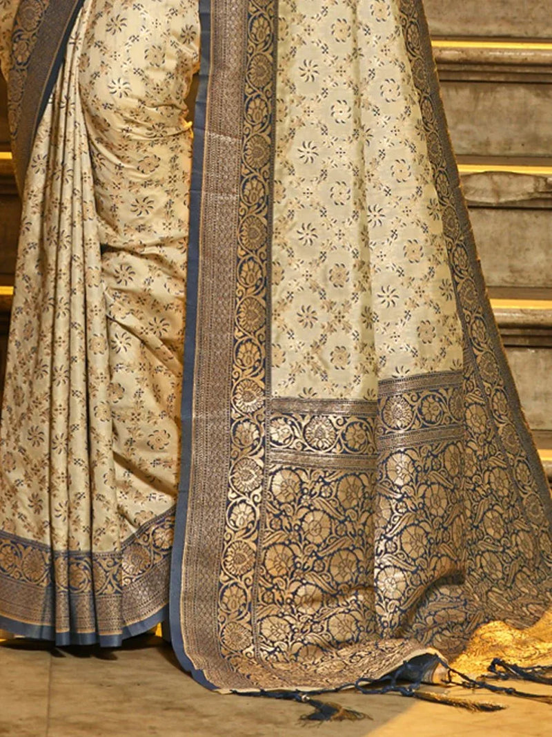 Navy Blue Banarasi Silk Saree With Blouse Piece - EZBER