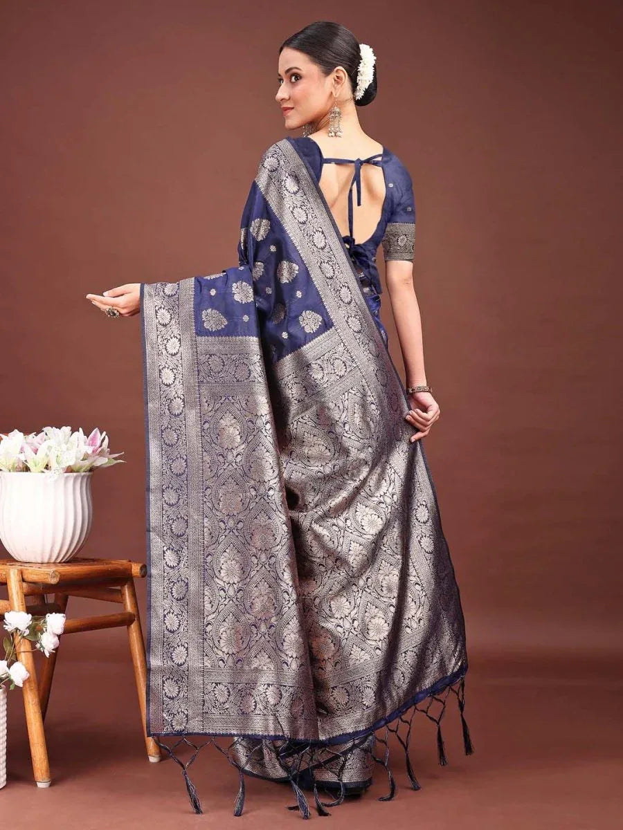 Navy Blue Banarasi Silk Saree With Blouse Piece - EZBER