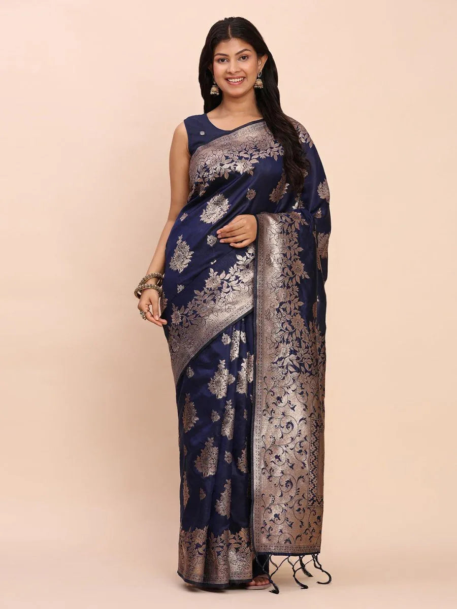 Navy Blue Banarasi silk Saree With Blouse Piece - EZBER
