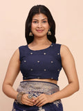 Navy Blue Banarasi silk Saree With Blouse Piece - EZBER