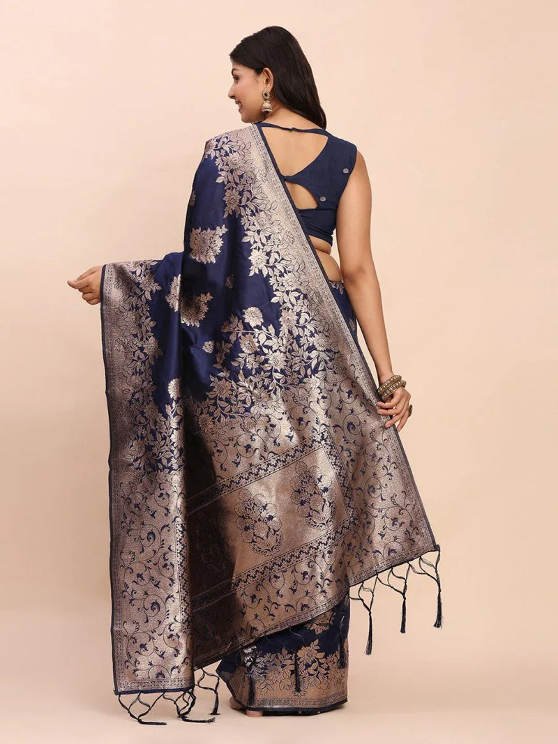 Navy Blue Banarasi silk Saree With Blouse Piece - EZBER