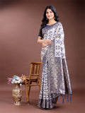 Navy Blue Linen Cotton Saree With Blouse Piece - EZBER