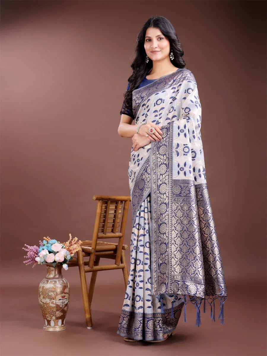 Navy Blue Linen Cotton Saree With Blouse Piece - EZBER