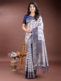 Navy Blue Linen Cotton Saree With Blouse Piece - EZBER