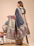 Navy Blue Linen Cotton Saree With Blouse Piece - EZBER