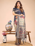 Navy Blue Linen Cotton Saree With Blouse Piece - EZBER