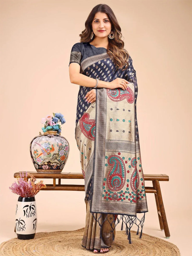 Navy Blue Linen Cotton Saree With Blouse Piece - EZBER