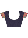 Navy Blue Linen Cotton Saree With Blouse Piece - EZBER