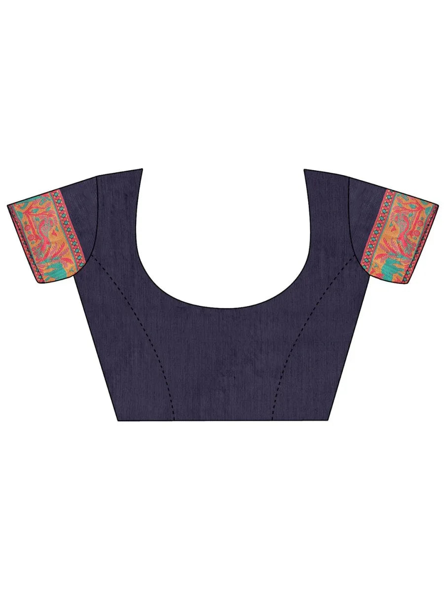 Navy Blue Linen Cotton Saree With Blouse Piece - EZBER