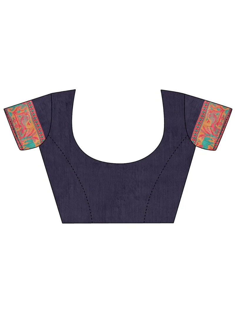 Navy Blue Linen Cotton Saree With Blouse Piece - EZBER