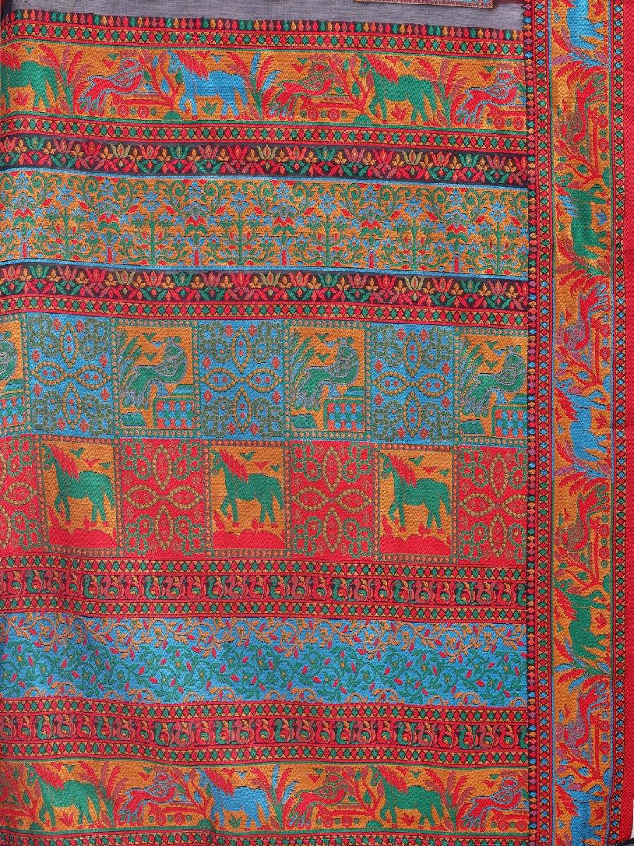 Navy Blue Linen Cotton Saree With Blouse Piece - EZBER