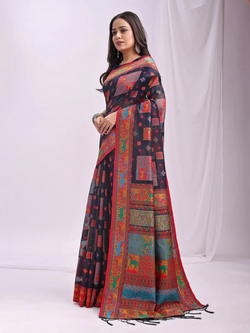 Navy Blue Linen Cotton Saree With Blouse Piece - EZBER