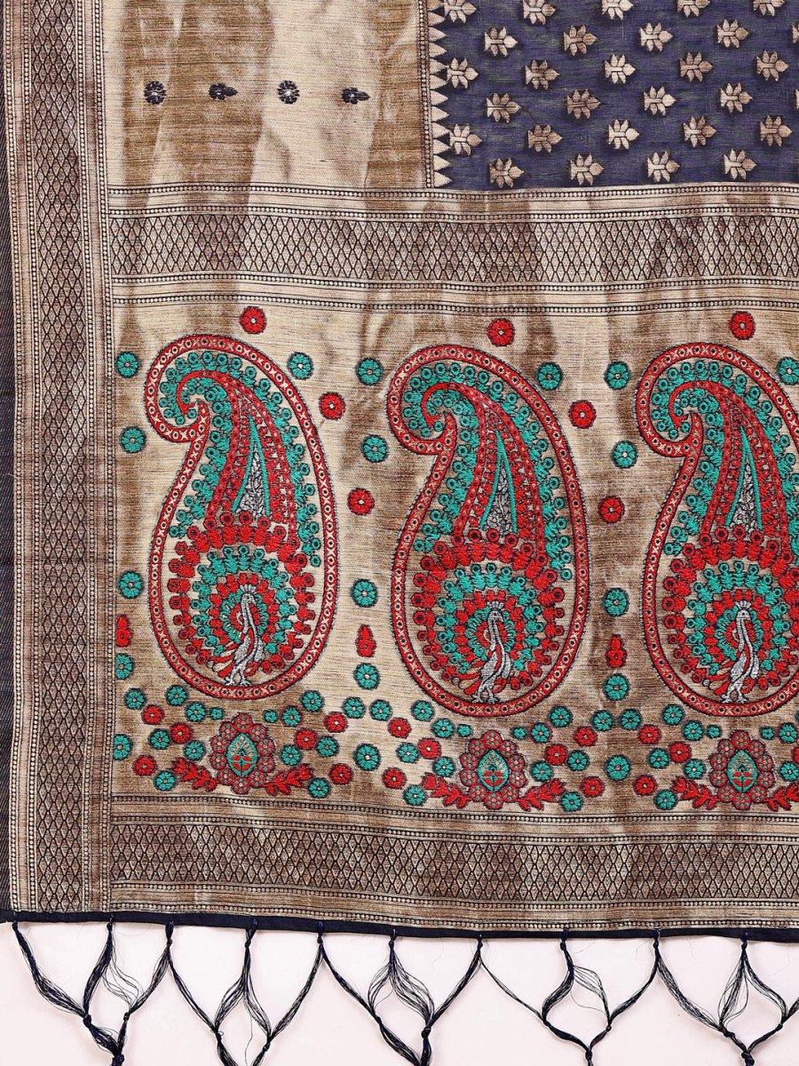 Navy Blue Linen Cotton Saree With Blouse Piece - EZBER