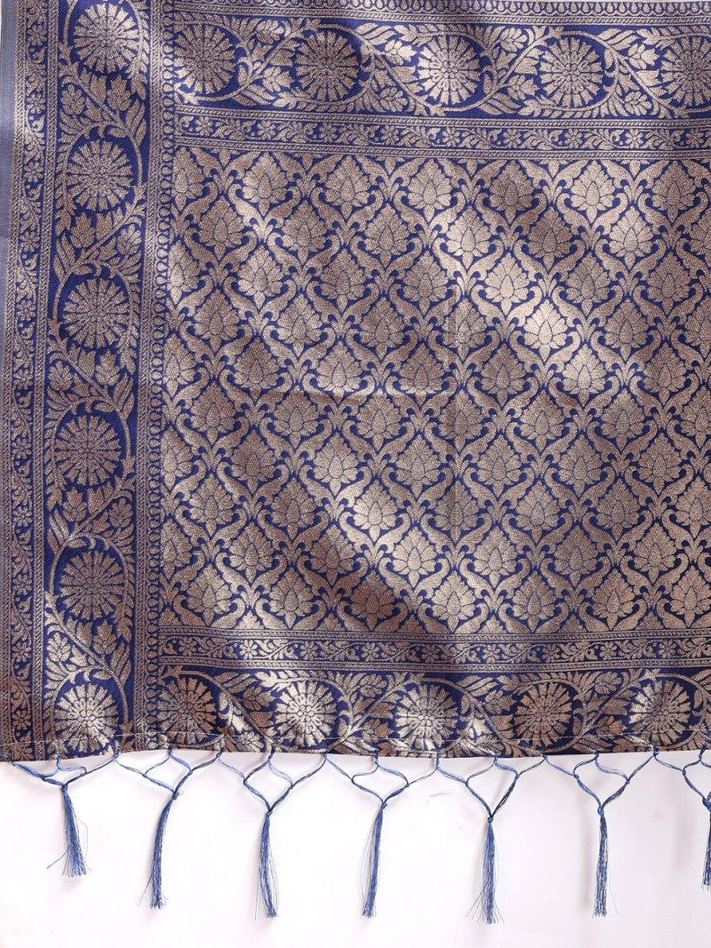 Navy Blue Linen Cotton Saree With Blouse Piece - EZBER