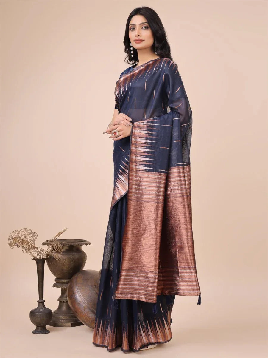 Navy Blue Linen Cotton Saree With Blouse Piece - EZBER