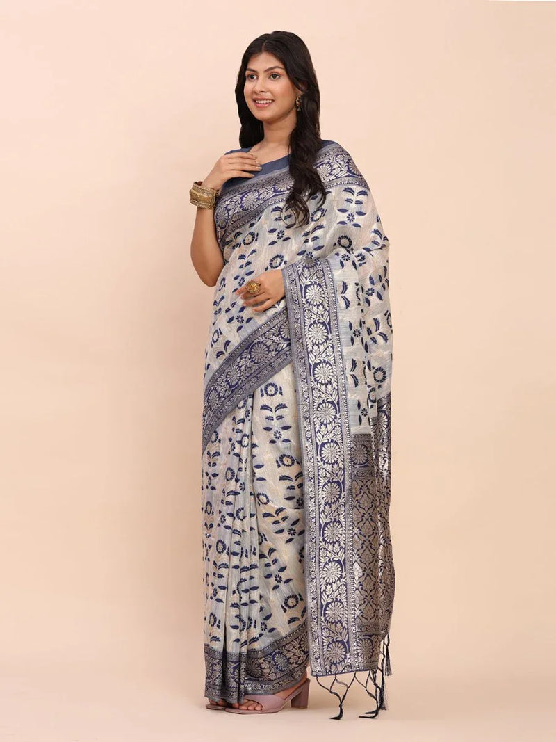 Navy Blue Linen Cotton Saree With Blouse Piece - EZBER