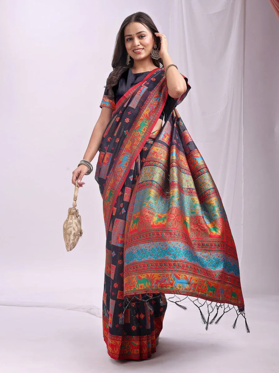 Navy Blue Linen Cotton Saree With Blouse Piece - EZBER