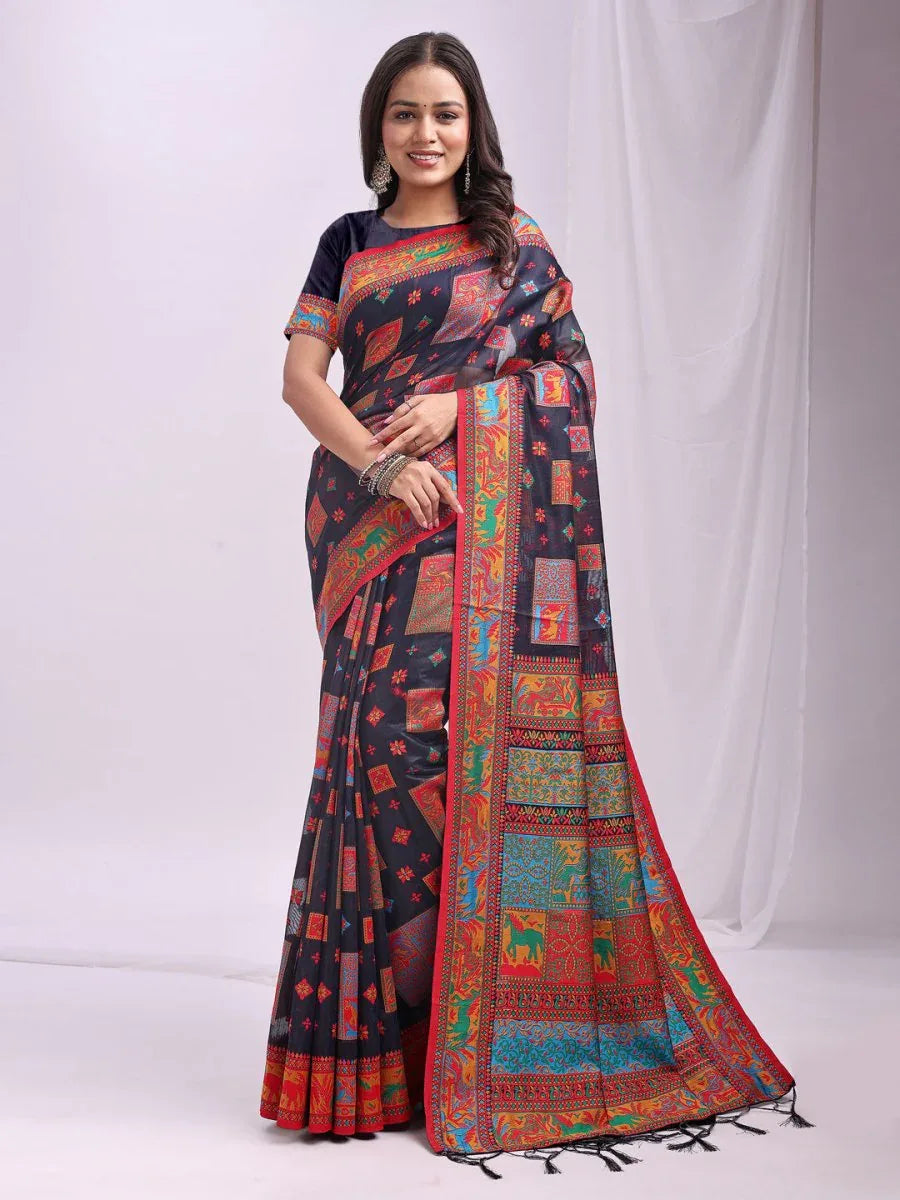 Navy Blue Linen Cotton Saree With Blouse Piece - EZBER