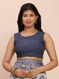 Navy Blue Linen Cotton Saree With Blouse Piece - EZBER