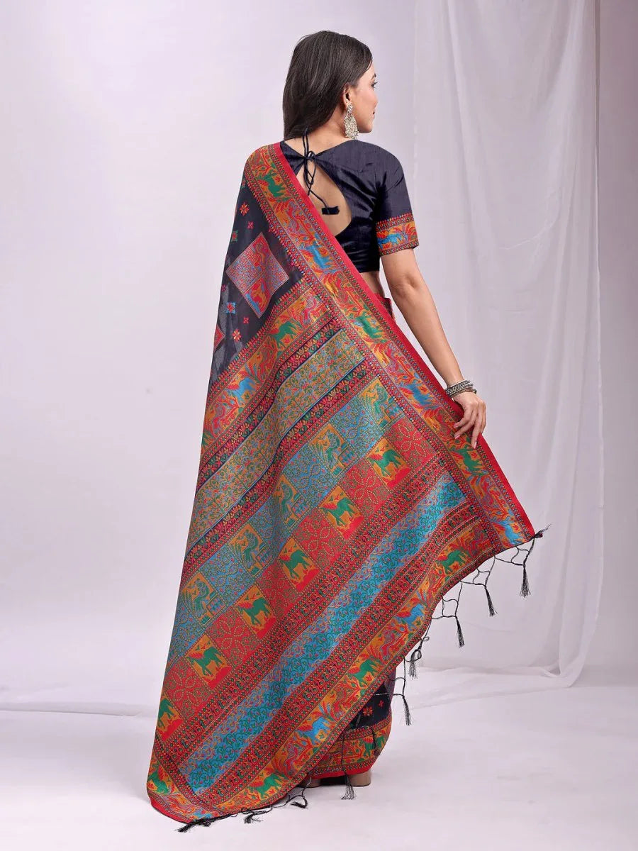 Navy Blue Linen Cotton Saree With Blouse Piece - EZBER