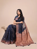 Navy Blue Linen Cotton Saree With Blouse Piece - EZBER