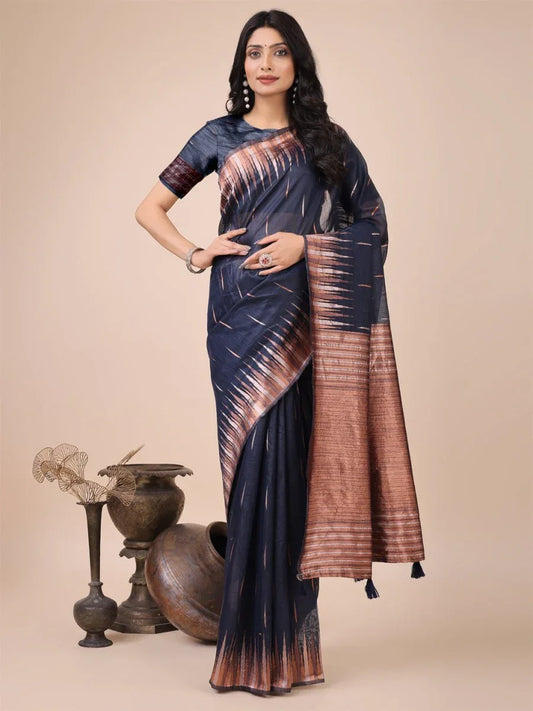 Navy Blue Linen Cotton Saree With Blouse Piece - EZBER
