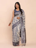 Navy Blue Linen Cotton Saree With Blouse Piece - EZBER