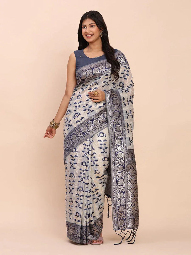 Navy Blue Linen Cotton Saree With Blouse Piece - EZBER