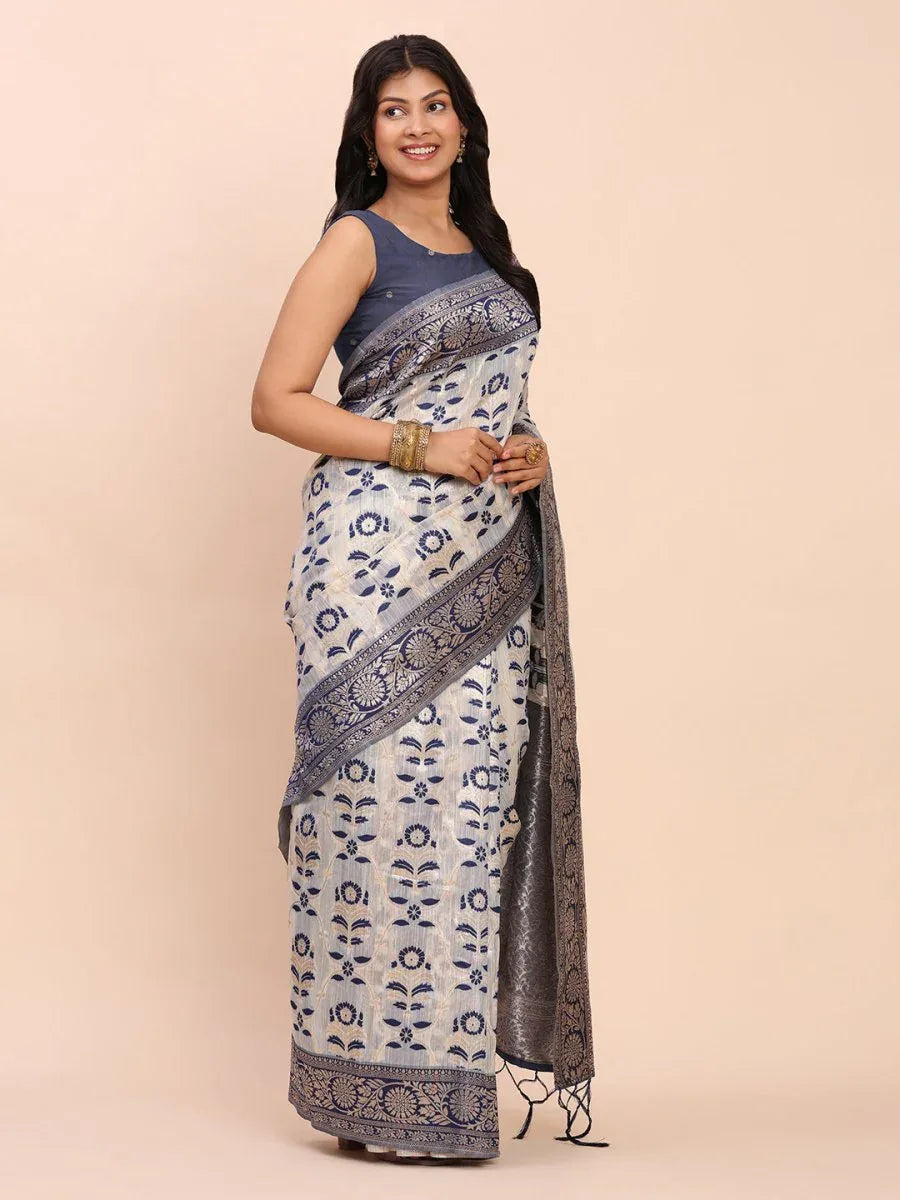 Navy Blue Linen Cotton Saree With Blouse Piece - EZBER